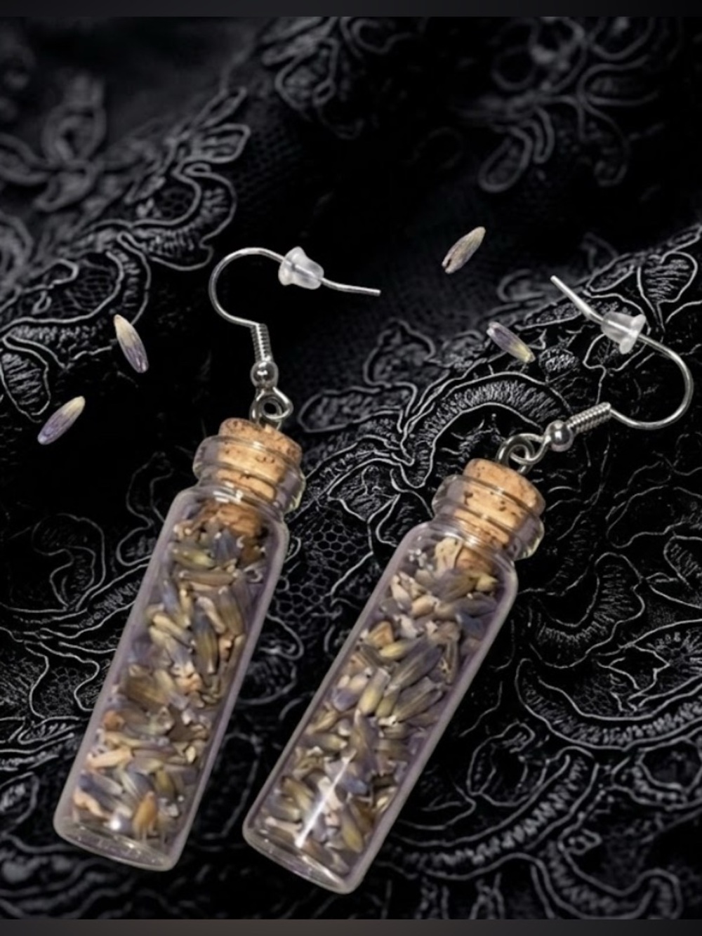 Dried Lavender Flower Filled Glass Spell Bottle Drop Earrings - Picture 2 of 3